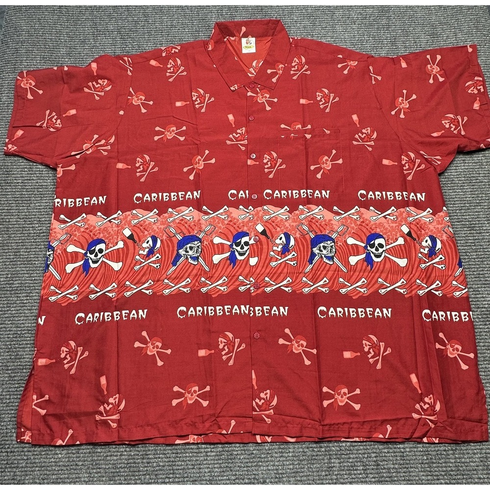 Rima Hawaiian Shirt‎ Mens 3XL Red Caribbean Pirate Skull Crossbones Button Up